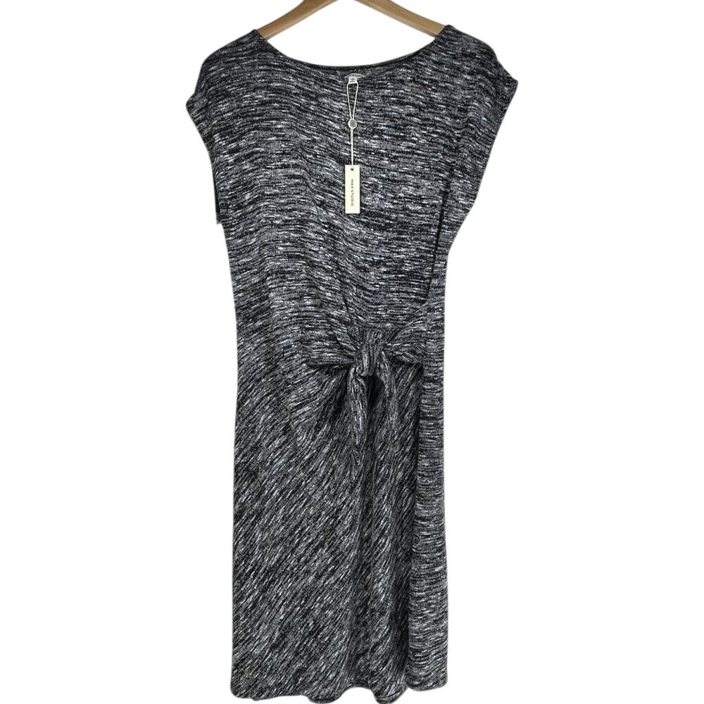 Max Studio Midi Sweater Dress Sz L Black White Brush Knit Sleeveless Waist Tie
